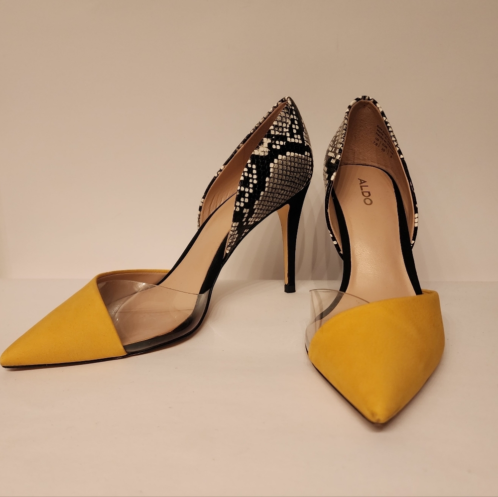 ALDO Serpent Pointed Toe Yellow and Black Pump Heels Size 7.5 - Picture 3 of 12